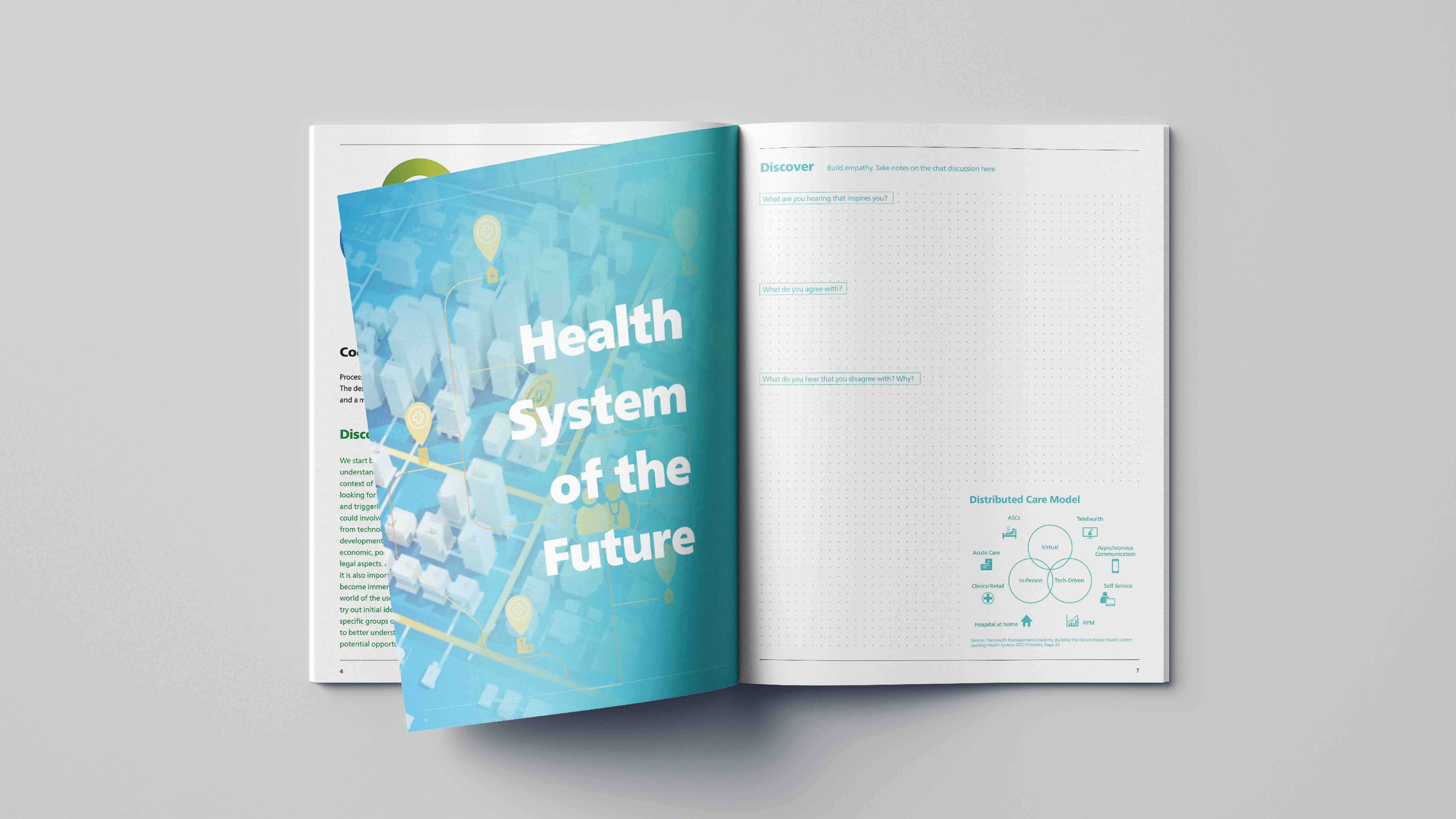 An image of a booklet open to a spread with a light blue image on the left side and a grid on the right side. Booklet was made in Adobe illustrator and Adobe Indesign